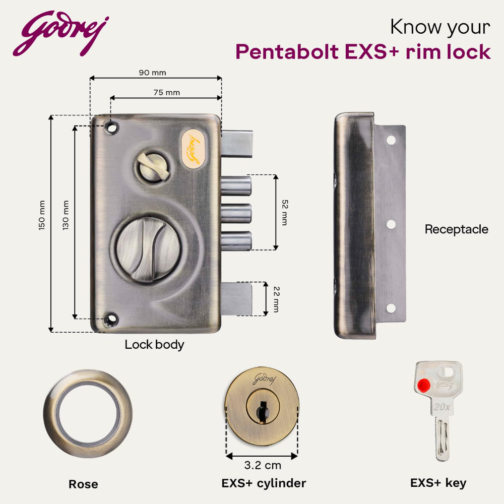 Godrej Rim Lock I Pentabolt EXS Technology I 1CK Deadbolt I For Home Main door I for Outside Opening Door & Left  Right Handed Doors I 4 Keys I 15 Year Warranty I Flawless Finish
